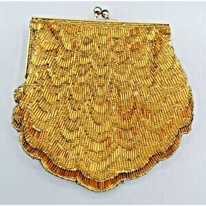 VTG Gold Scalloped Beaded Evening Bag Gold Frame Kisslock Closure + Chain Strap